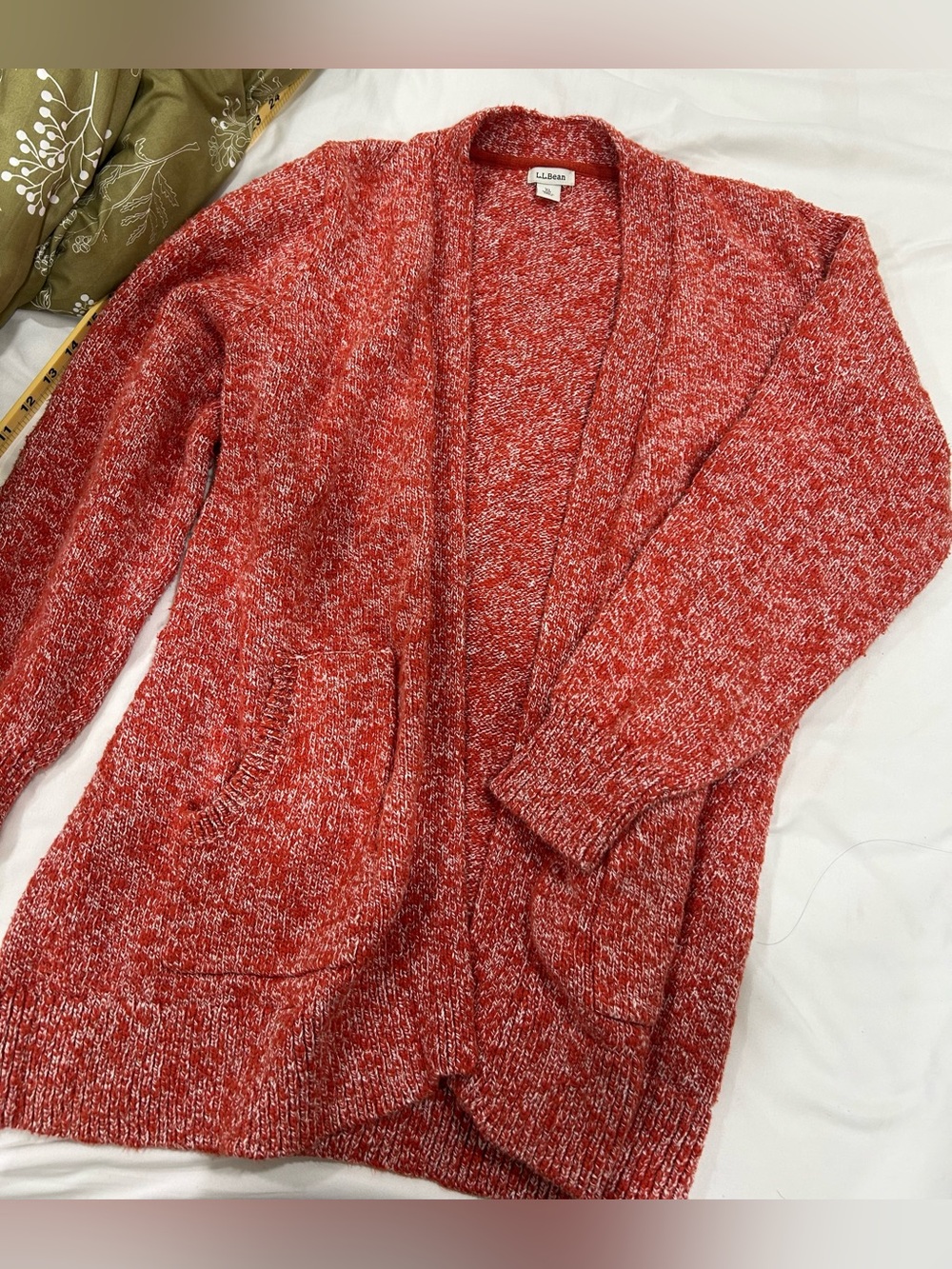 L.L. Bean Cardigan Sweater XL Red White Marled Open Front Cotton Cozy